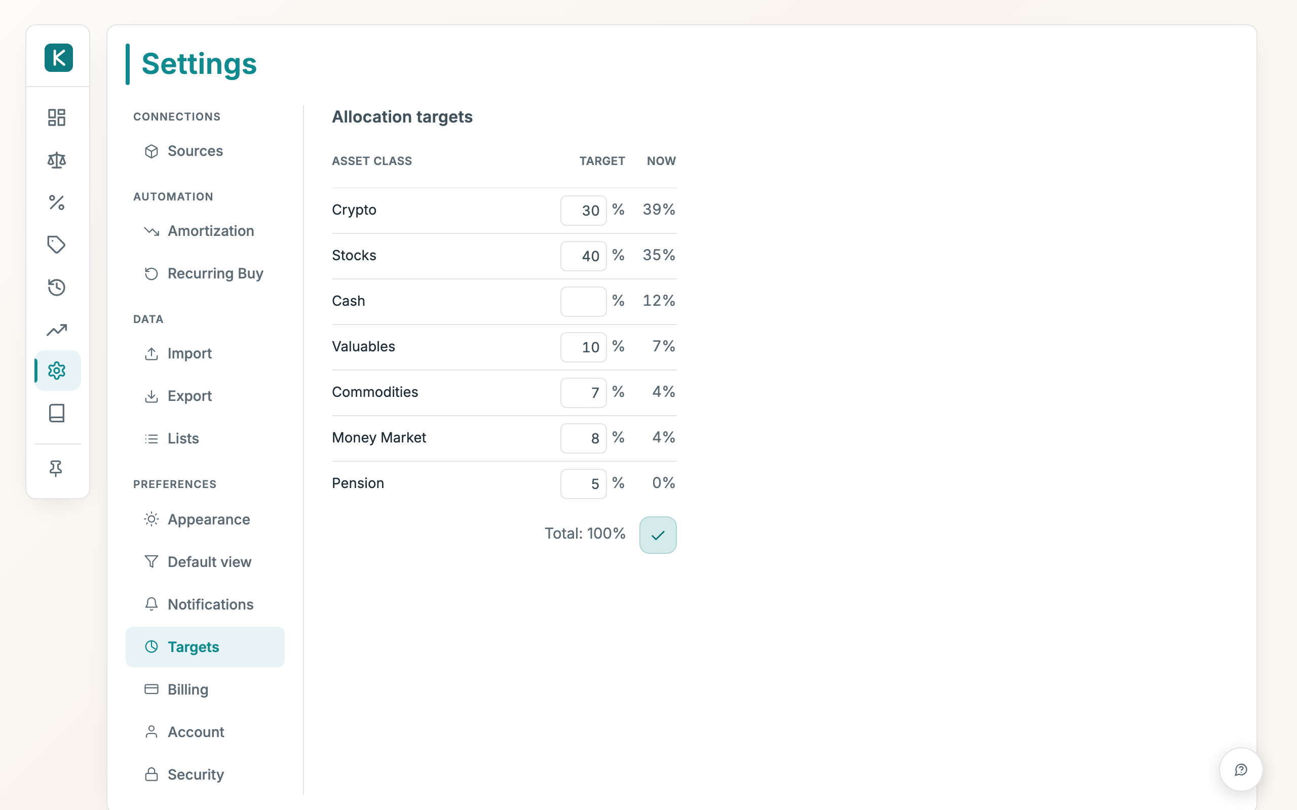 Allocation targets & rebalancing alerts in Krosos